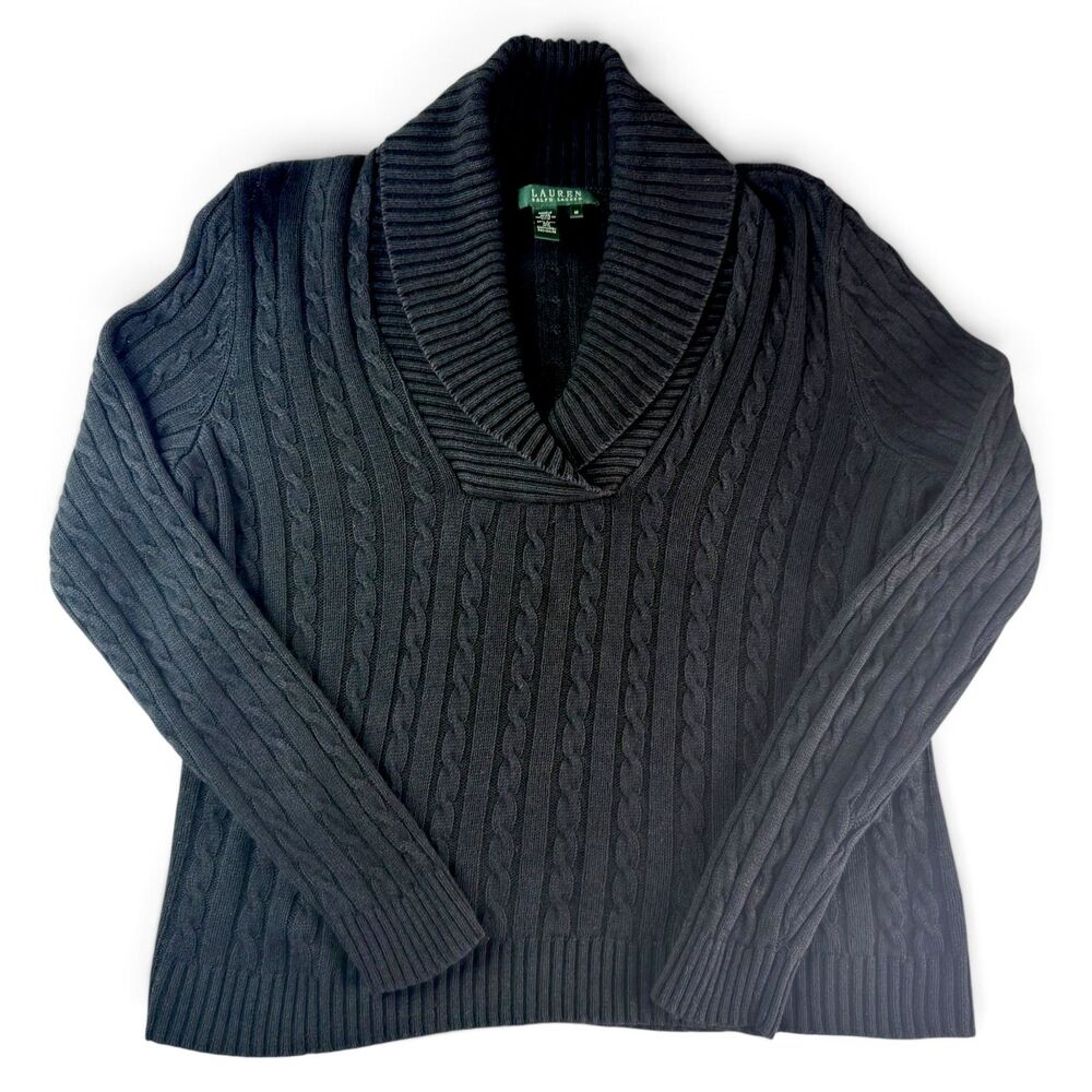 vtg lauren ralph lauren silk cashmere cable knit shawl collar black sweater med